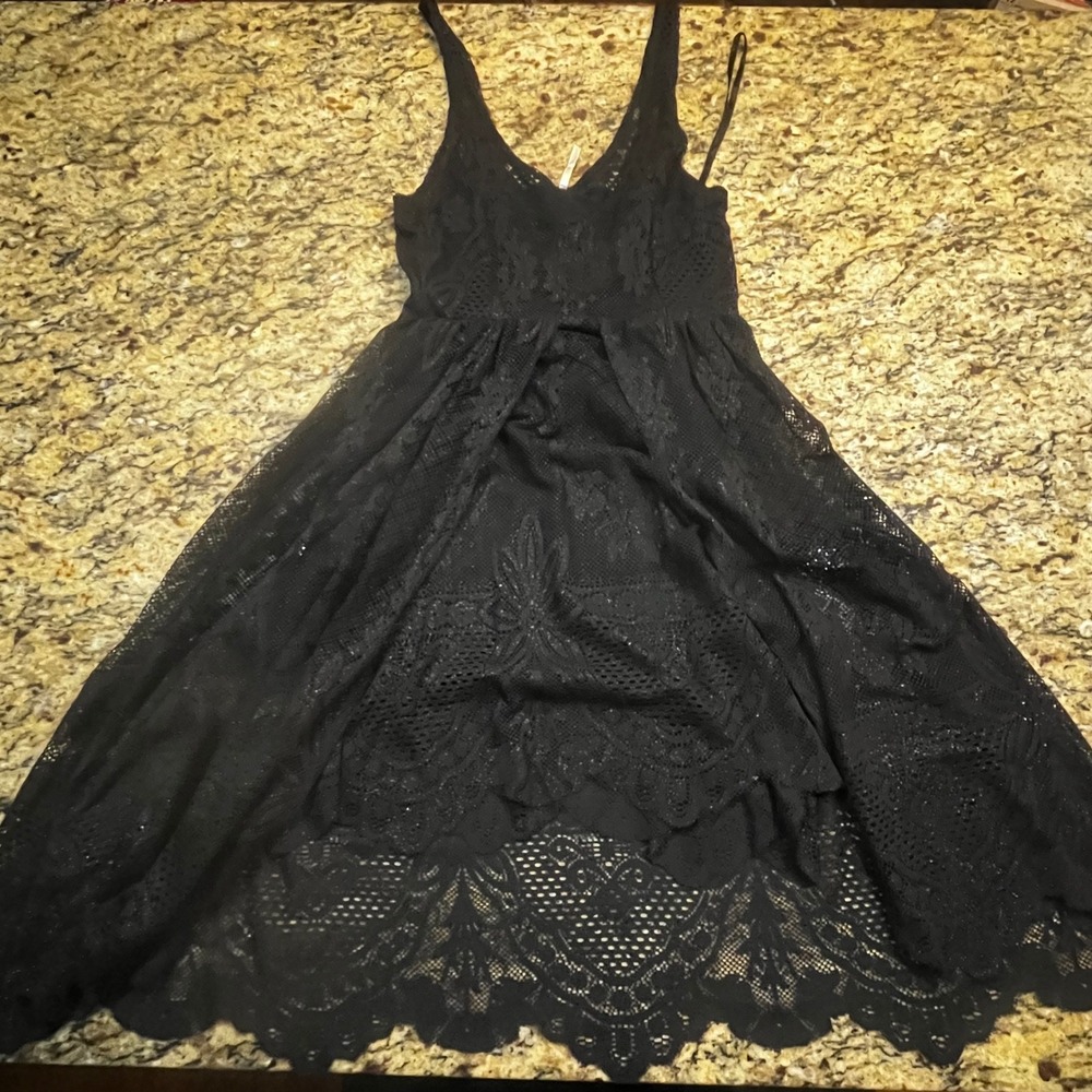 Free People‎ Black Lace High Low Mini Dress Metallic Shimmer Boho V-Neck Size 0